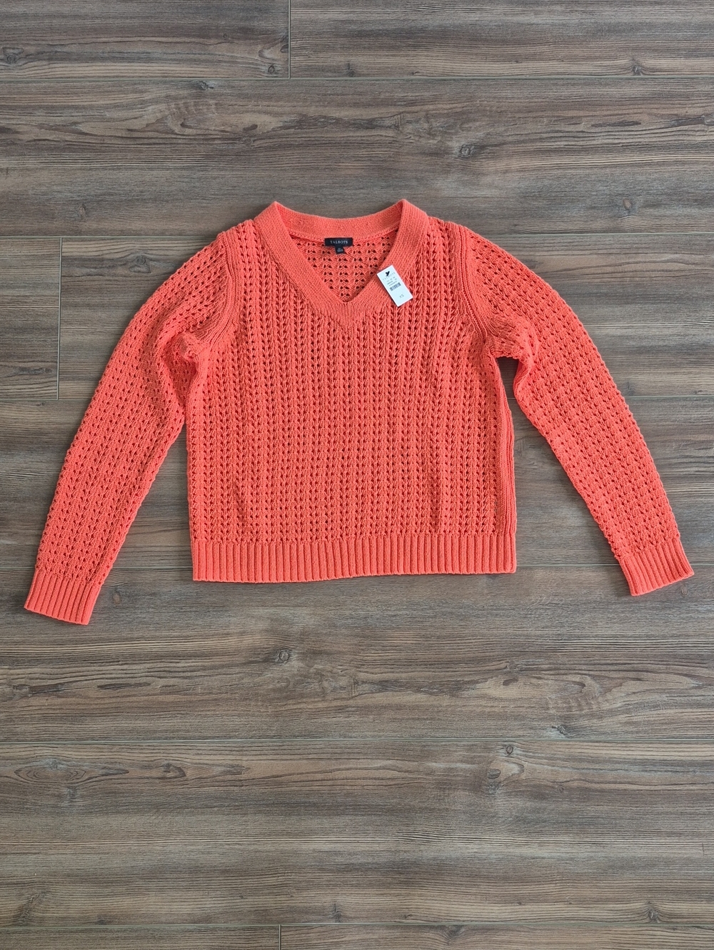 Open-Knit V-Neck Sweater in Coral